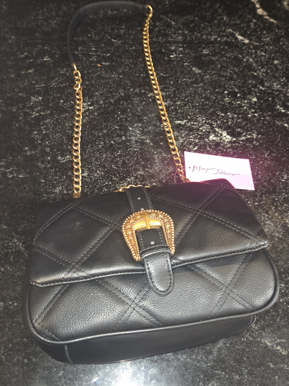 Betsey Johnson Black Quilted Crossbody with Gold Buckle